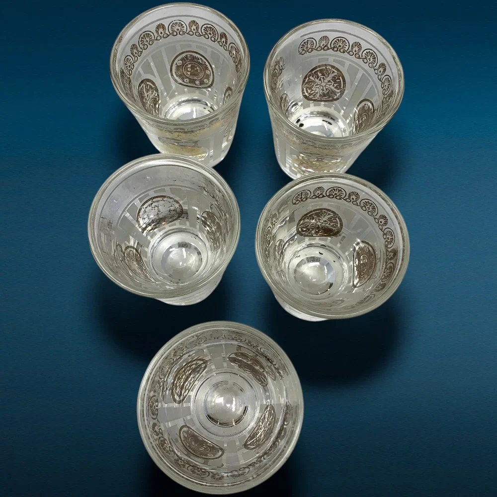 Vintage Hazel Atlas Aztec Gold Medallion Shot Glasses Set 5 MCM Mayan Barware